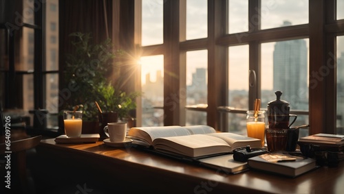 cozy place to study, city view outside windows