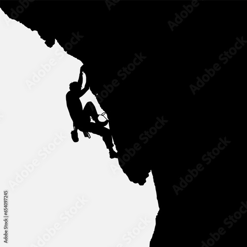 High details of climbing silhouette. Minimal symbol and logo of sport. Fit for element design, background, banner, backdrop, cover, logotype. Isolated on black background. Vector Eps 10