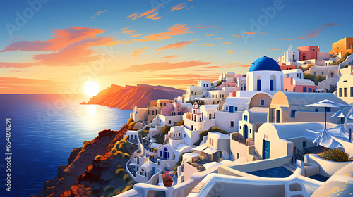 Illustration of a sunset over the white and blue domes of Santorini