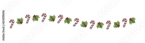 Christmas themed decorative wavy border and text divider, Mistletoe and Candy Cane Pattern. Vector Illustration.