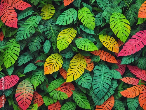 Creative fluorescent color layout made of tropical leaves. depth neon colors. Nature concept. Tropical colorful forest plants with copy space and blurred