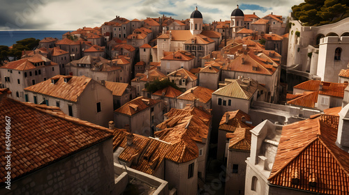 View of the ancient city walls of Dubrovnik with red roofs photo