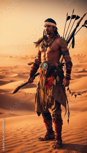 tribal hunter standing in desert 8k