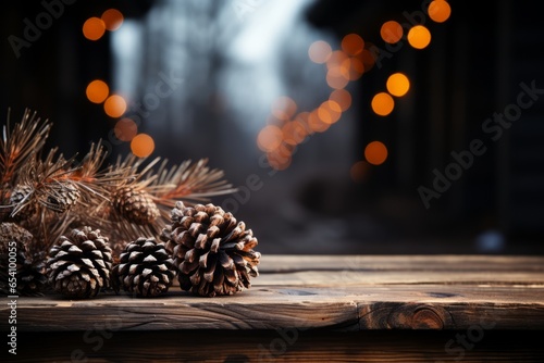Rustic Christmas Mockup Decorated with cones and holly berries on dark wooden board, Holiday Merry Christmas Background, Festive New Year greeting card with copy space.
