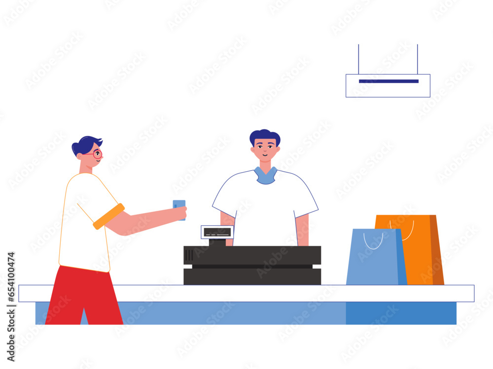 Someone is carrying out a buying and selling transaction in the shop. Market vector illustration. Flea market vector flat illustration Someone is carrying out a buying and selling transaction in the shop. Market vector illustration. Flea market vector flat illustration