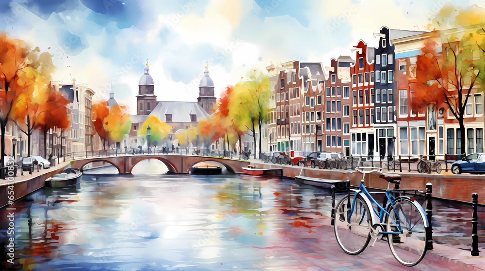 Illustration of Amsterdam canals with bicycles and colorful houses
