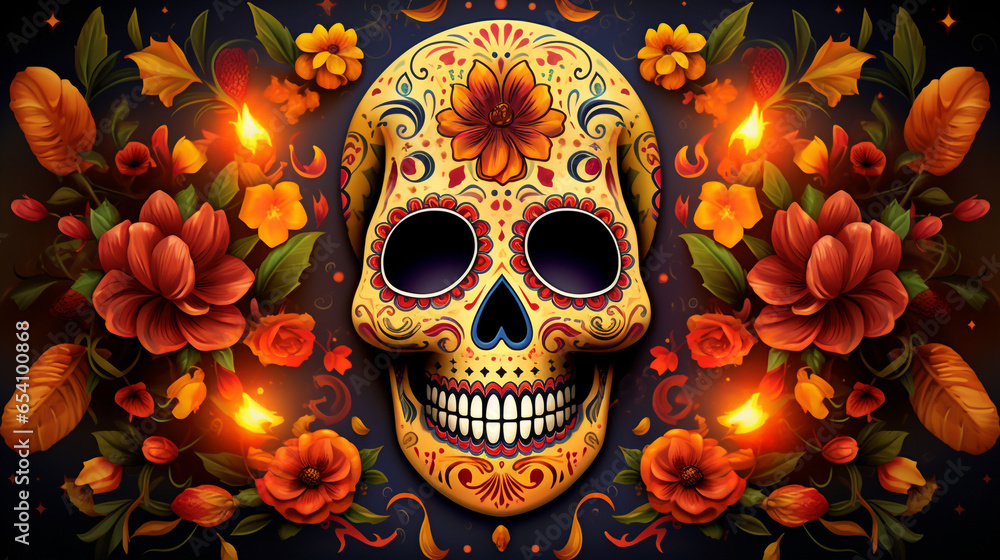 A graphic of a sugar skull, painted in vibrant colors and a folk art style, representing the Day of the Dead A graphic of a sugar skull, painted in vibrant colors and a folk art style, representing the Day of the Dead