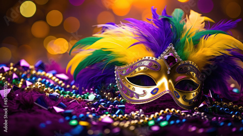 Carnival mask with colored feathers on a blurred background