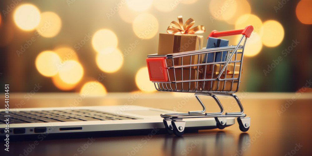 Model shopping cart with gift box, and laptop keyboard on wood table, blurred christmas tree background