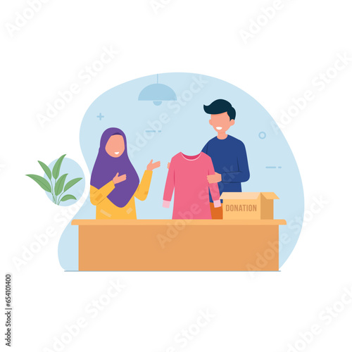 Volunteer giving donation new clothes to needy girl. Charity design concept illustration