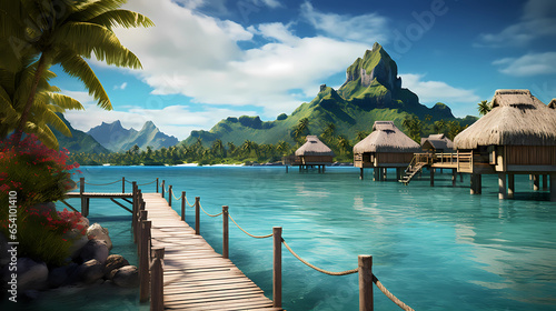 View of Bora Bora island with clear water and overwater bungalows photo