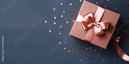 Pale pink Gift box with dark red satin ribbon and bow on dark blue background. Holiday gift with copy space. Many golden confetti. Birthday or Christmas present, flat lay, top view