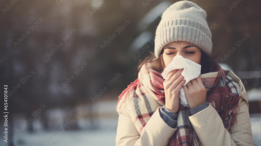 Obraz premium A girl in winter clothes on the street blows her nose into a paper handkerchief 