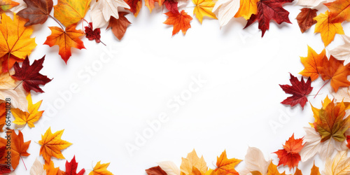 White background  Frame with many autumn leaves. Image to announce that there is an event  copy space.