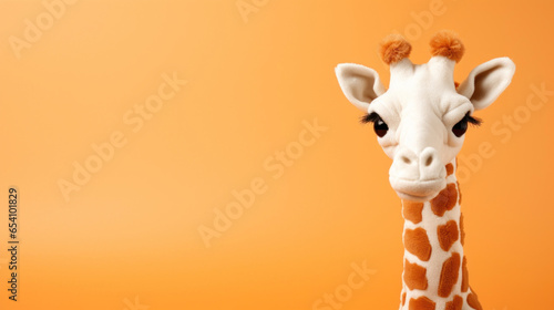 Toy giraffe peluche on pale dark orange background