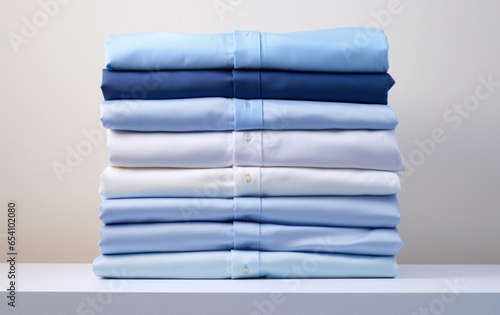 Folded clothes in stacks of various simple blue placed on a table on a light background photo