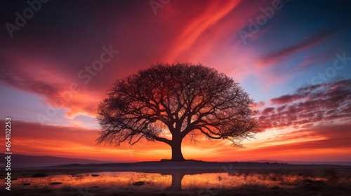 Tree silhouette stands tall against colorful evening sky