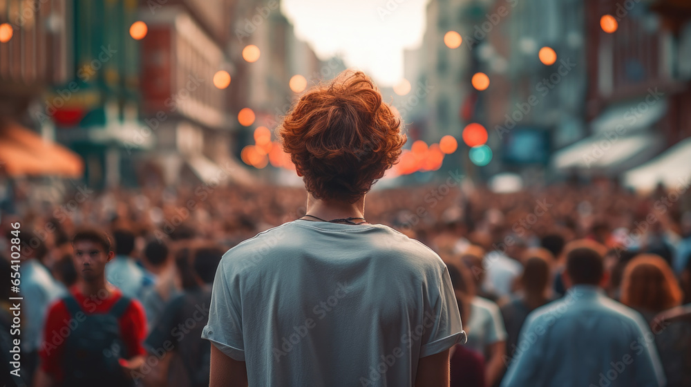 Back view of a young man standing in the middle of a crowded street