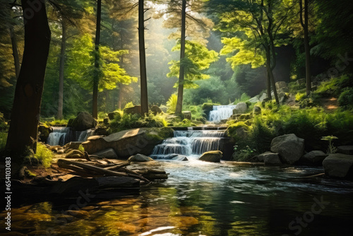 A view of a peaceful forest oasis with pond and soft waterfall and crepuscular rays of sun
