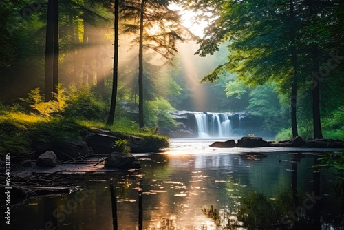A view of a peaceful forest oasis with pond and soft waterfall and crepuscular rays of sun © MVProductions