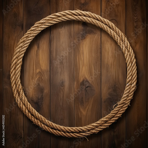 Nautical background with the rope shaped as a circle on wood background