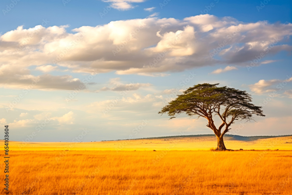 Lone tree on a grassy field with clouds in the horizon in Africa with dramatic clouds and sky