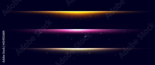 Neon divider lines set. Glowing horizontal stripes collection. Fluorescent electric light sticks pack. Shining laser beams LED effect bundle. Vector pink yellow orange elements for poster banner cover