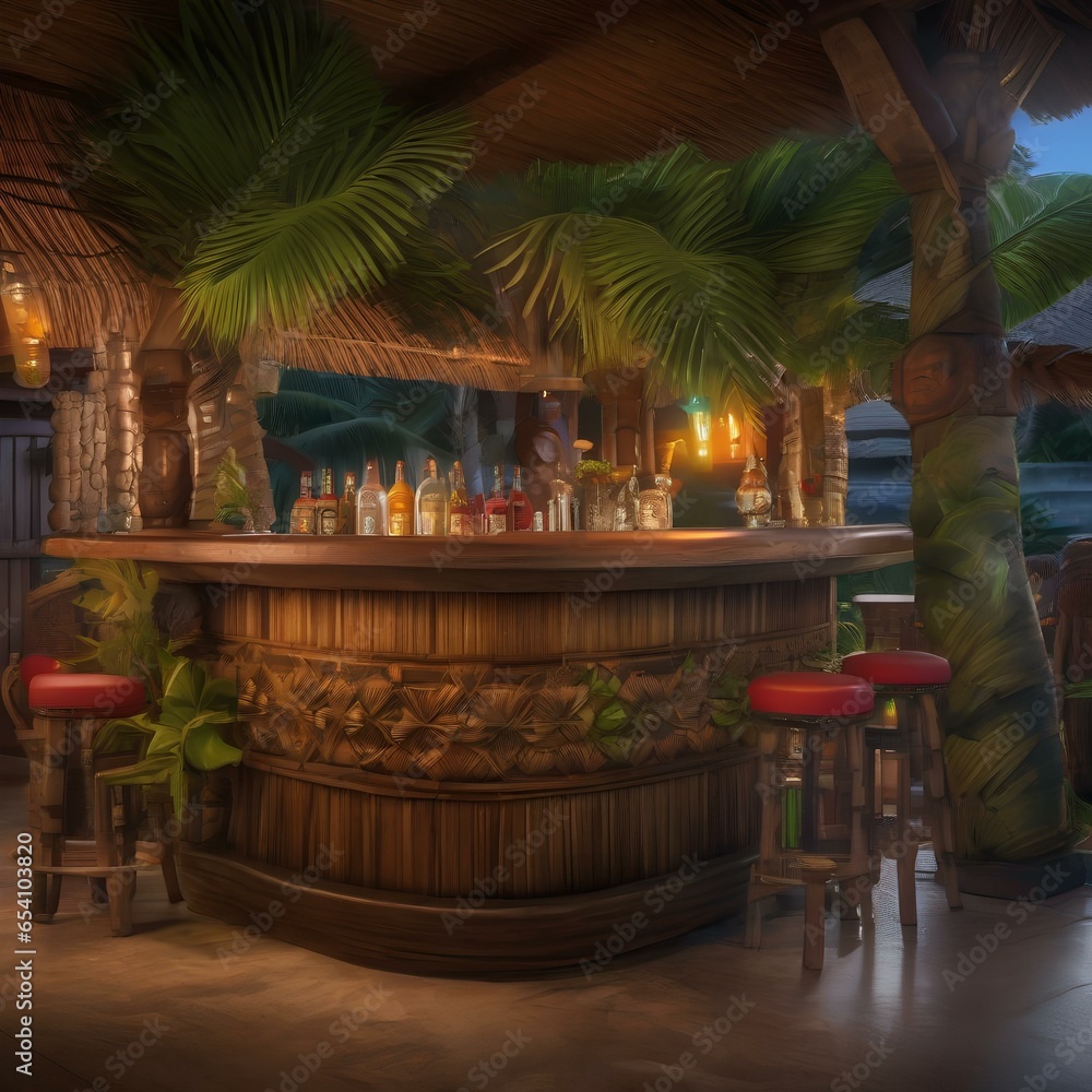 A tropical tiki bar with palm fronds and exotic cocktails garnished with fruit2
