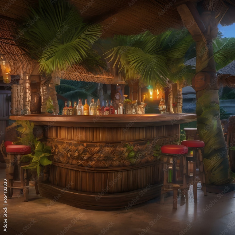 Fototapeta premium A tropical tiki bar with palm fronds and exotic cocktails garnished with fruit2