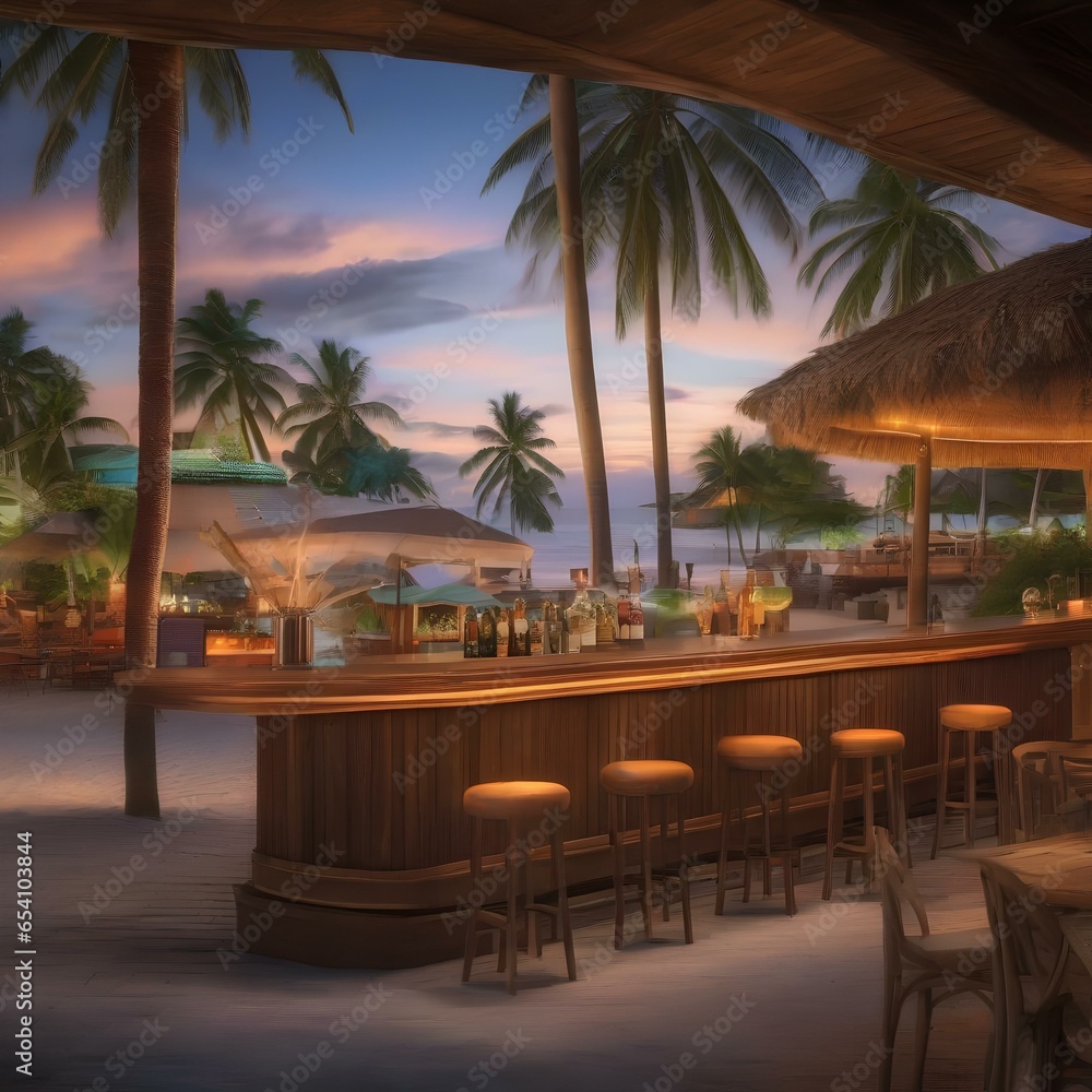 A beachside bar with surfboards, palm trees, and tropical cocktails1