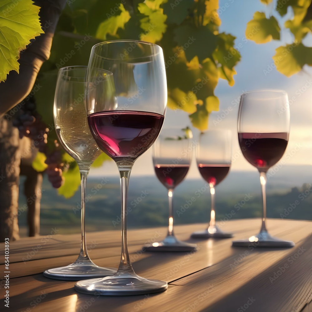 A row of wine glasses on a sunlit vineyard terrace with grapevines in the background1