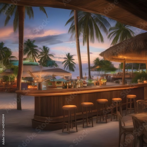 A beachside bar with surfboards, palm trees, and tropical cocktails1