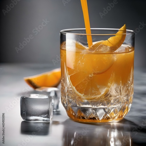 A glass of freshly squeezed orange juice with ice cubes and a slice of orange2 photo