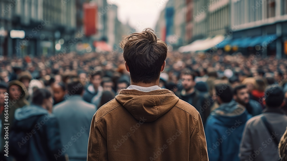 Back view of a young man standing in the middle of a crowded street Back view of a young man standing in the middle of a crowded street