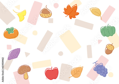 手描きのかわいい秋の野菜と果物の背景（デコボコの線）