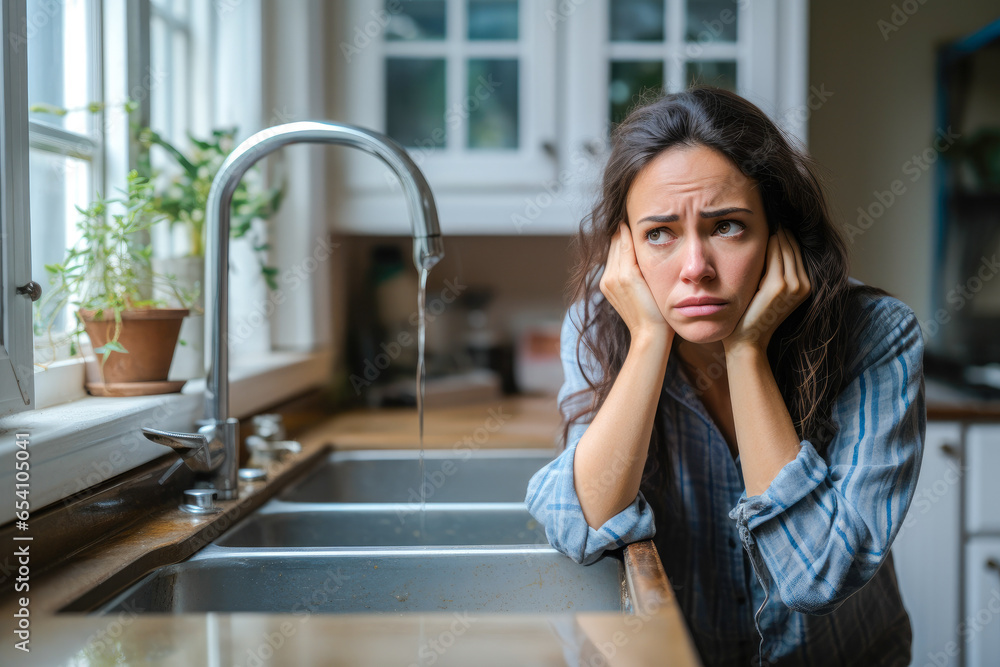 Woman looking at her kitchen sink, worried about a plumbing problem. Suggesting a leak and the need for help and assistance, plumber needed - obrazy, fototapety, plakaty 