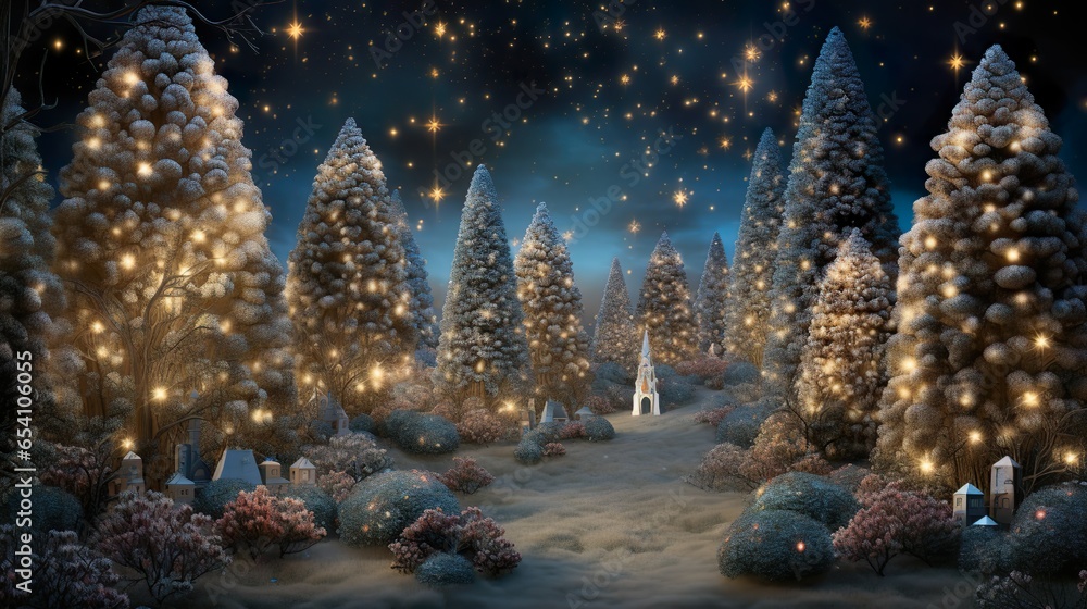 Christmas trees in magical forest and glowing lights 