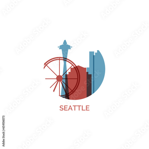 USA United States Seattle cityscape skyline city panorama vector flat modern logo icon. US Washington King county emblem idea with landmarks and building silhouette