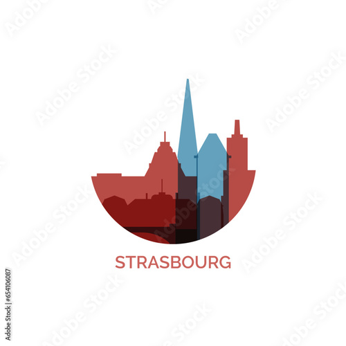 France Strasbourg city cityscape skyline capital panorama vector flat modern logo icon. Alsace town emblem idea with landmarks and building silhouettes