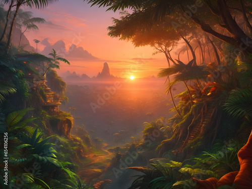 Beautiful photo of jungle forest landscape at sunset or sunrise