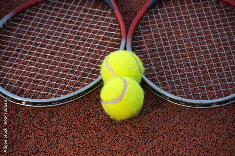 Tennis ball, racquet on hard court surface