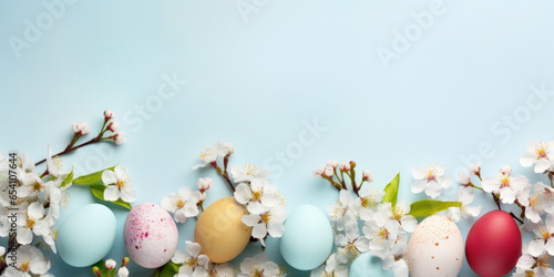 Colorful Easter eggs with spring blossom flowers on soft blue background.