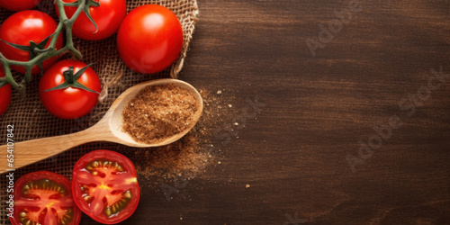 Tomatoes with a wooden spoon with spices lying on a wooden table. Top view