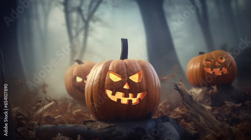 Spooky pumpkin carvings in misty cemetery environment ,generated by IA