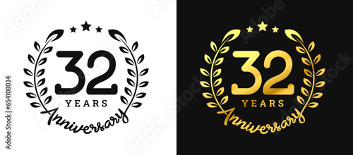 Anniversary 32 gold numbers. Minimalist design template, modern, elegant celebrating anniversary event. label, vector, sign, illustration, banner, symbol, icon, design, sticker, tag, badge, element