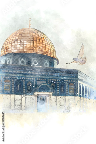 Watercolor painting sketch of a dome of the rock in jerusalem, palestine photo