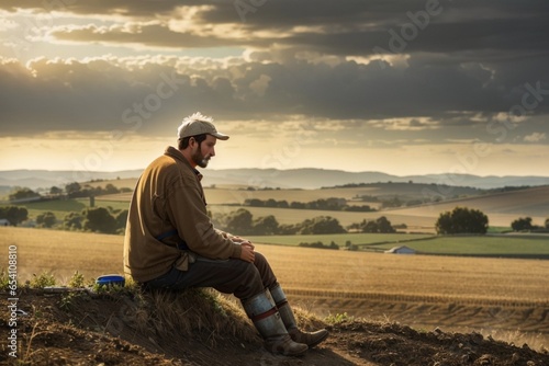A poor farmer, exhausted and worn from a long day's work, gazes out at the vast expanse of his land, dreaming of a better future.