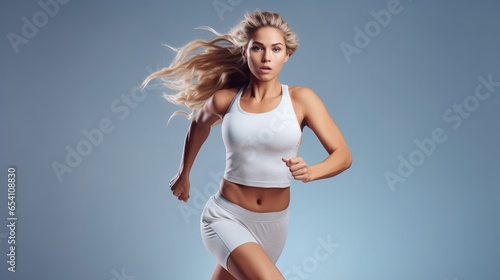 A young blonde woman, athletic in form, working out at the gym on a light background. Dressed in sportswear, she exemplifies fitness dedication and motivation. Ideal for fitness and sport branding. photo