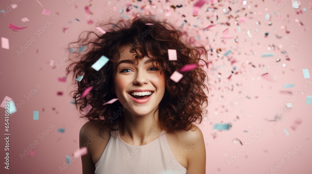 An effervescent young brunette woman radiates joy as she showers the air with confetti. Set against a pastel pink background, she embodies festive celebration, ideal for birthdays or Women's Day