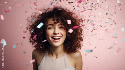 An effervescent young brunette woman radiates joy as she showers the air with confetti. Set against a pastel pink background, she embodies festive celebration, ideal for birthdays or Women's Day